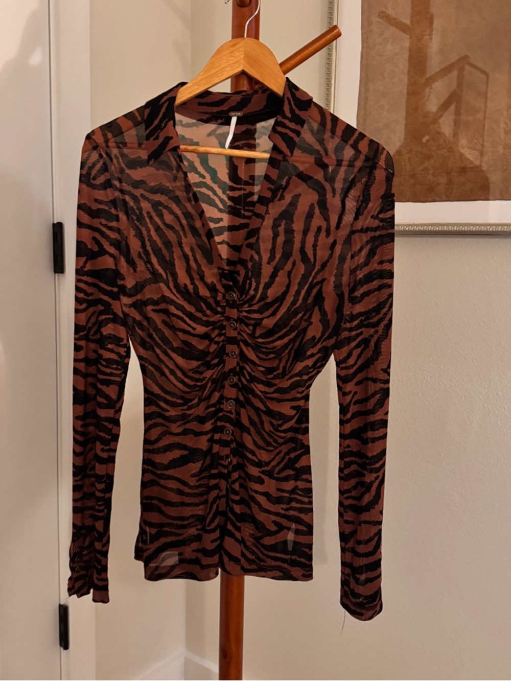 Free People Sheer Brown & Black Zebra Ruched Button-Front Top